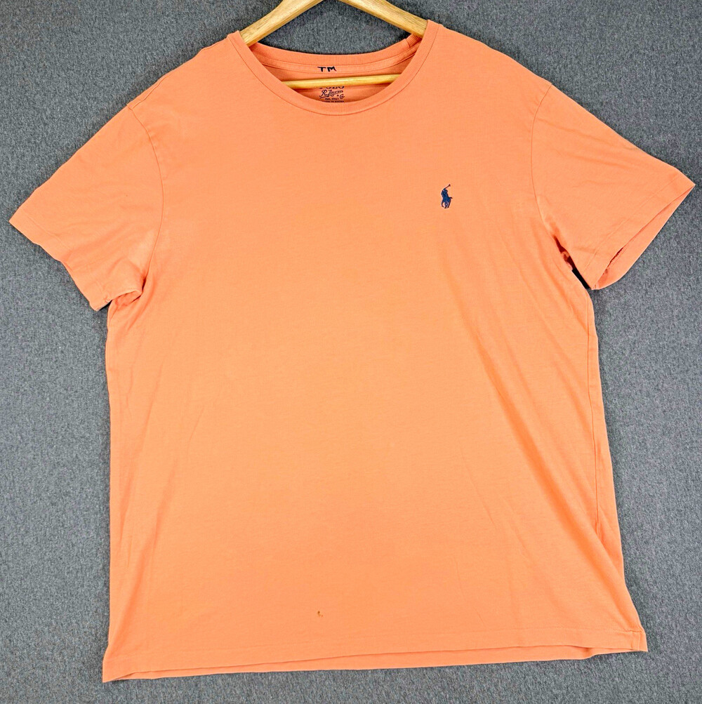 Polo Ralph Lauren Mens Large Peach Cotton T Shirt Navy Pony Crew Neck READ